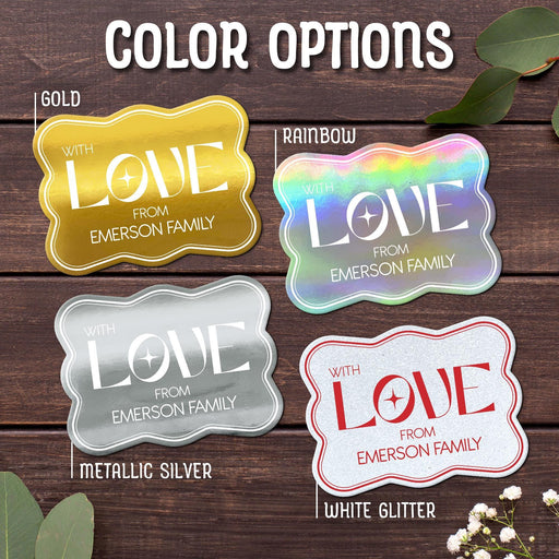 Close-up of the “With Love” wedding gift tag design available in Gold, Rainbow, Metallic Silver, and White Glitter foil finishes. Personalized foil cardstock tags feature custom sender names and modern typography.