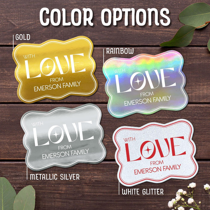 Close-up of the “With Love” wedding gift tag design available in Gold, Rainbow, Metallic Silver, and White Glitter foil finishes. Personalized foil cardstock tags feature custom sender names and modern typography.