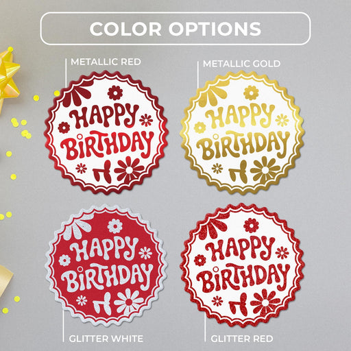 Birthday tag color options in metallic red, metallic gold, glitter white, and glitter red.