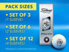 Pack sizes include: • Set of 3 (1 Sleeve) • Set of 6 (2 Sleeves) • Set of 12 (4 Sleeves) *Packaged in original branded box The background image shows a sleeve of custom Titleist Pro V1x golf balls on a blue surface.