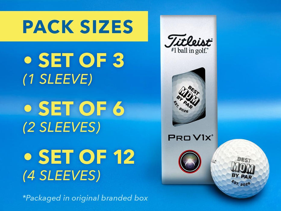 Pack sizes include: • Set of 3 (1 Sleeve) • Set of 6 (2 Sleeves) • Set of 12 (4 Sleeves) *Packaged in original branded box The background image shows a sleeve of custom Titleist Pro V1x golf balls on a blue surface.