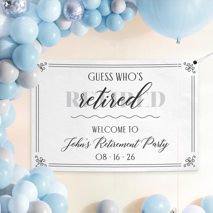 Guess Who's Retired banner displayed as a party backdrop surrounded by blue balloons. Personalized retirement decoration designed for retirement celebrations and farewell parties.