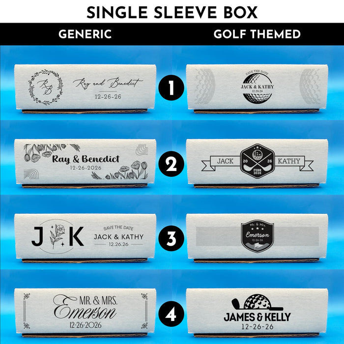 Design selection guide showing all available One Dozen wedding gift box designs. Designed for full dozen golf ball sets and personalized wedding gifts.