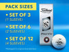 Pack sizes include: • Set of 3 (1 Sleeve) • Set of 6 (2 Sleeves) • Set of 12 (4 Sleeves) *Packaged in original branded box The background image shows a sleeve of custom Titleist Pro V1x golf balls on a blue surface.