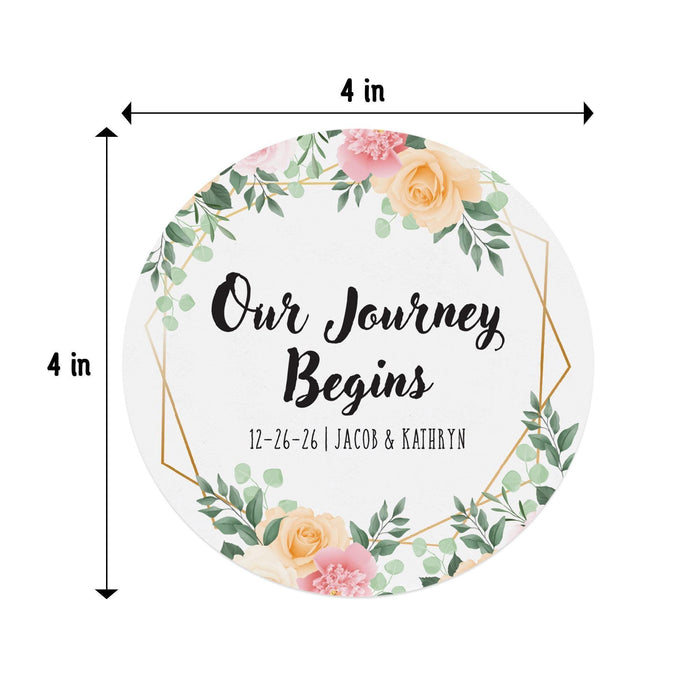4-inch round floral Save the Date coaster with custom names and wedding date shown with dimensions.