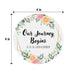 4-inch round floral Save the Date coaster with custom names and wedding date shown with dimensions.