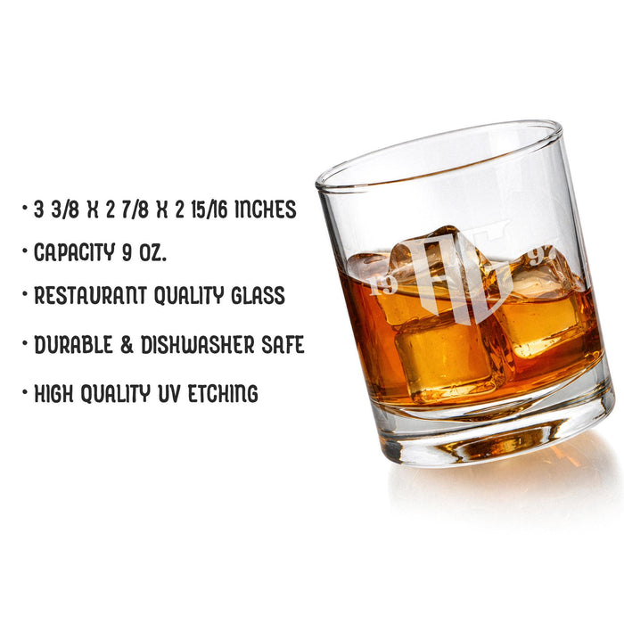 Product information image displaying glass dimensions, 9 oz capacity, restaurant-quality material, dishwasher-safe durability, and high-quality UV etching. A tilted glass shows the shape and engraving clarity.
