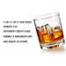 Product information image displaying glass dimensions, 9 oz capacity, restaurant-quality material, dishwasher-safe durability, and high-quality UV etching. A tilted glass shows the shape and engraving clarity.