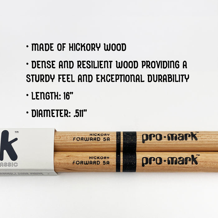 a pair of wooden sticks, presumably made of Hickory wood, with the brand name "pro-mark" printed on them.