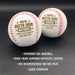 Two personalized baseballs accompanied by a text overlay that reads • standard size baseball • made from superior synthetic leather • Not recommended for use/play • laser engraved