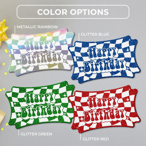 Groovy birthday tag color options in metallic rainbow, glitter blue, glitter green, and glitter red shown together.