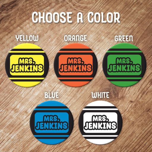 Color selection chart showing Crayola design options including yellow, orange, green, blue, and white. Allows customers to choose their preferred color.