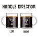 Two identical glass mugs with the text engraved on them. Each showcasing handle direction, LEFT or RIGHT.