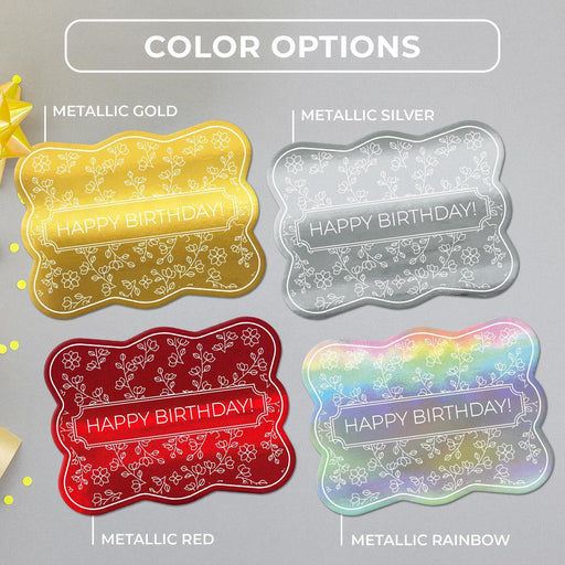 Floral birthday tag color options in metallic gold, metallic silver, metallic red, and metallic rainbow.