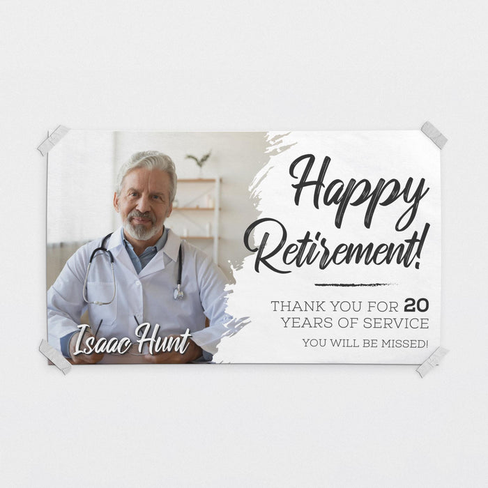 Personalized Happy Retirement banner featuring a custom photo, retiree name, and years of service. Elegant retirement party decoration printed on quality white paper.