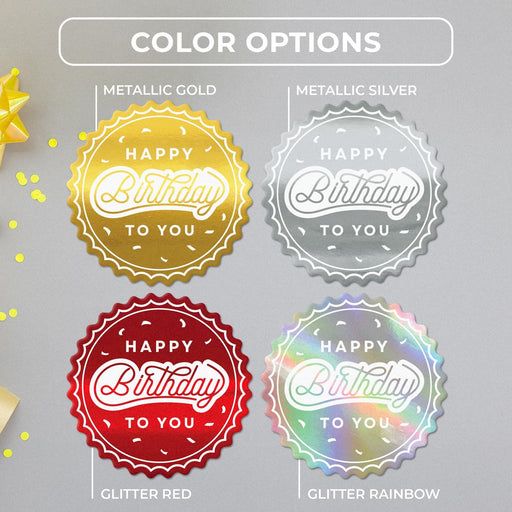 Confetti birthday tag color options in metallic gold, metallic silver, glitter red, and glitter rainbow.
