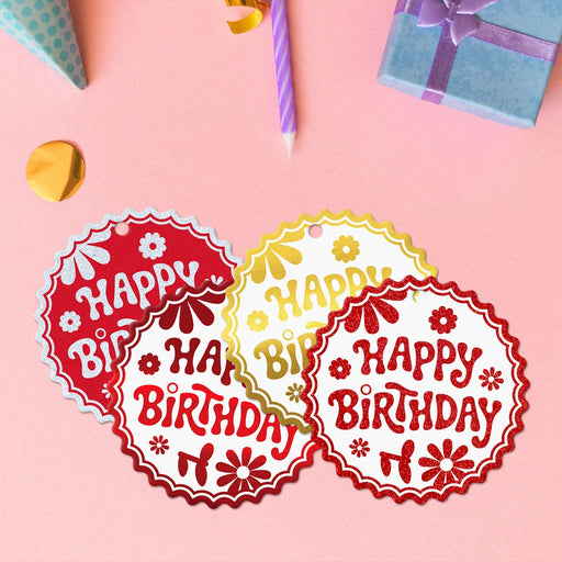 Four round birthday gift tags featuring the retro daisy Happy Birthday design in metallic red, metallic gold, glitter white, and glitter red color options.