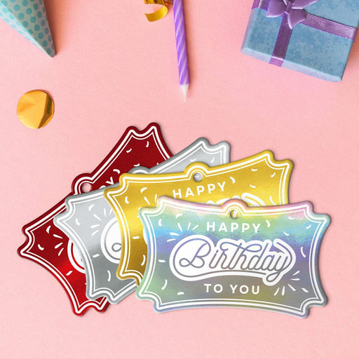 Four birthday slim rectangle tags in metallic gold, metallic silver, metallic red, and metallic rainbow.
