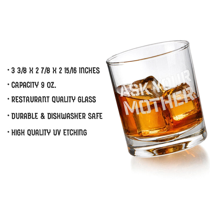 Product information image showing glass dimensions, 9 oz capacity, restaurant-quality material, dishwasher-safe durability, and high-quality UV etching. A tilted glass highlights the shape and engraving detail.