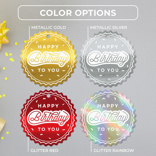 Confetti birthday tag color options in metallic gold, metallic silver, glitter red, and glitter rainbow.