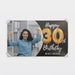 Personalized black and gold birthday banner featuring a custom photo, name, and birthday age.