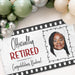 Close-up view of the personalized retirement banner showcasing the custom photo area, retiree name, and vintage filmstrip-inspired design details.