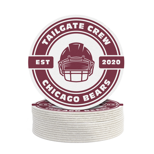 A stack of maroon and white coasters featuring the logo of the Chicago Bears football team.