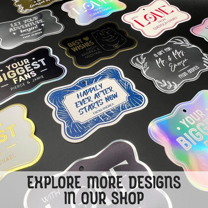 Promotional graphic displaying additional personalized foil wedding gift tag designs available in the shop. Multiple styles and foil finishes are shown for gifting inspiration.