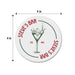 Size guide showing the personalized dirty martini coaster at approximately 4 inches round, with the custom bar name, martini glass design, and established year.