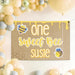 One Sweet Bee first birthday banner displayed with yellow balloon party décor for a cheerful bee themed birthday celebration.