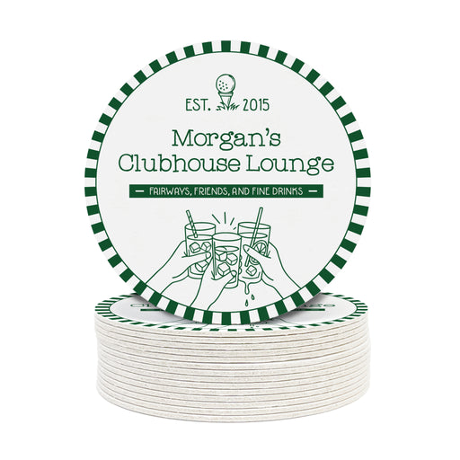 A round coaster with text and illustrations related to a golf club lounge in Emerald Green.