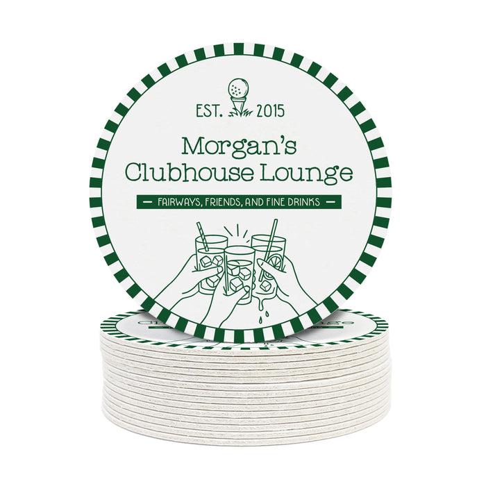 A round coaster with text and illustrations related to a golf club lounge in Emerald Green.