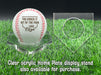 A personalized baseball with red stitching is placed on a clear acrylic stand, accompanied by a text overlay that reads Clear acrylic Home Plate display stand also available for purchase.