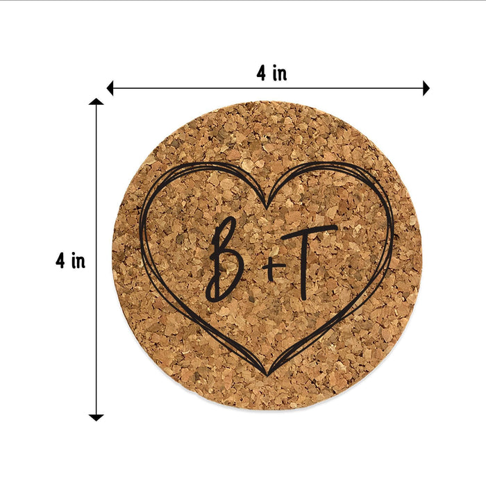 Round 4-inch cork coaster featuring a large hand-drawn heart monogram with personalized initials.