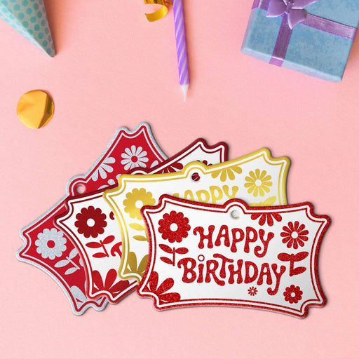 Four Birthday rectangle hang tags in metallic red, metallic gold, glitter white, and glitter red.