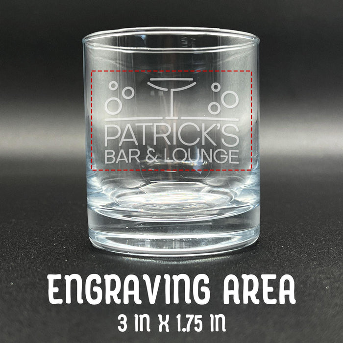 Close-up image showing the engraving area dimensions of the whiskey glass, measuring 3 inches by 1.75 inches. The red outline helps customers visualize the placement and size of the personalized design on the glass.