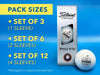 Pack sizes include: • Set of 3 (1 Sleeve) • Set of 6 (2 Sleeves) • Set of 12 (4 Sleeves) *Packaged in original branded box The background image shows a sleeve of custom Titleist Pro V1x golf balls on a blue surface.