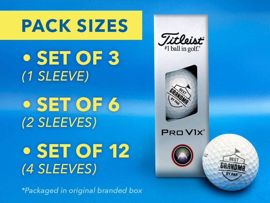 Pack sizes include: • Set of 3 (1 Sleeve) • Set of 6 (2 Sleeves) • Set of 12 (4 Sleeves) *Packaged in original branded box The background image shows a sleeve of custom Titleist Pro V1x golf balls on a blue surface.