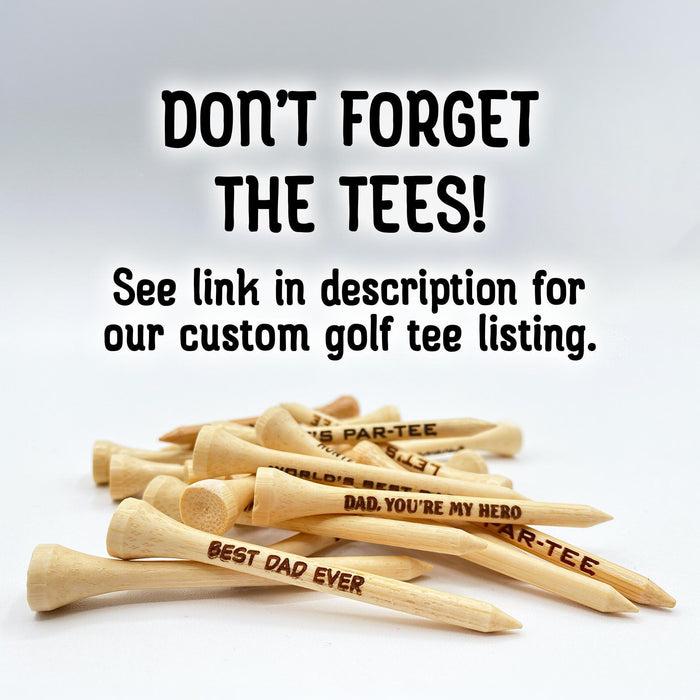 Don’t forget the tees! See link in description for our custom golf tee listing. Custom engraved golf tees available separately to complement your personalized golf ball gift. Great addition for golfers and retirement gifts.