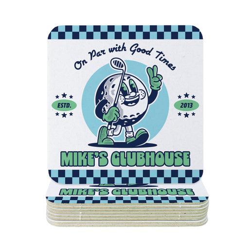 A set of coasters featuring a cartoon golf ball character with the text "On Par with Good Times", established year, and "Mike's Clubhouse" printed on them.