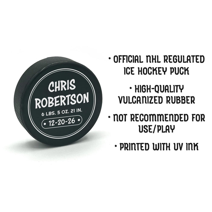 Product details graphic showing the UV printed baby birth announcement hockey puck with information about the rubber material, size, and display use.
