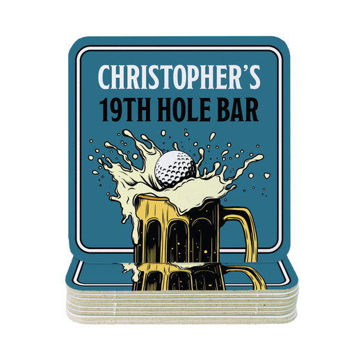 A blue coaster with a graphic of a beer mug and a golf ball, along with the text "CHRISTOPHER'S 19TH HOLE BAR".