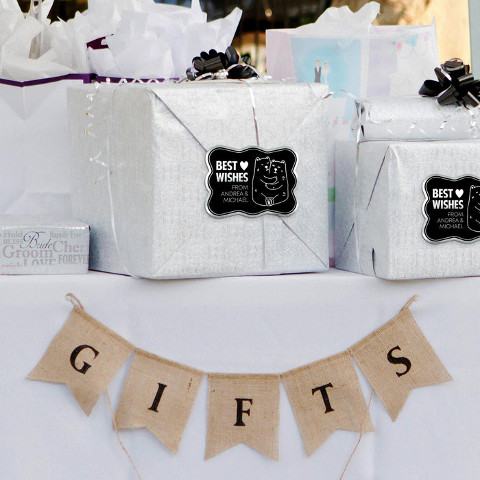 Wedding-themed gift display featuring wrapped presents with personalized Bear Couple gift tags and decorative “GIFTS” banner. Styled for weddings, bridal showers, or reception gift tables.