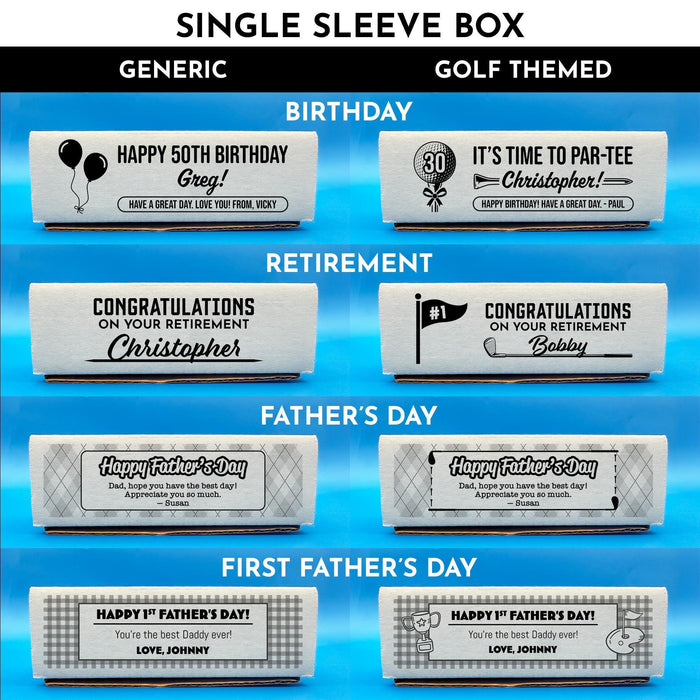 Available designs for our single sleeve gift box. We offer generic and golf-themed styles for the following designs: Birthday, Retirement, Father's Day, and First Father's Day. Each design can be customized by the customer with their own personalized message. Each box is set against a blue background.