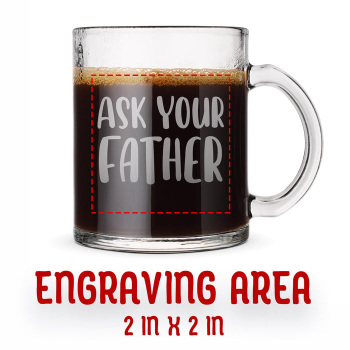 Product detail graphic showing the engraving placement area on the glass mug. Highlights the 2 inch by 2 inch engraving space and the clean frosted etched finish.
