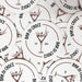Multiple round espresso martini coasters arranged together, each featuring the personalized bar name, espresso martini glass design, and established year.
