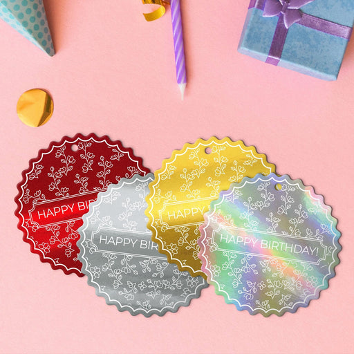 Four birthday tags with UV printed floral design are offered in metallic gold, metallic silver, glitter red, and glitter rainbow.