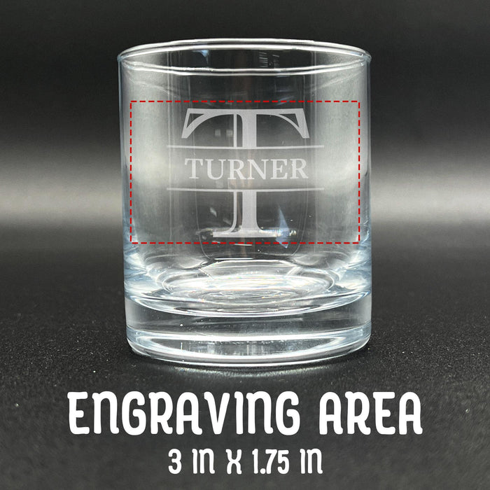 Close-up image of an empty whiskey glass with the engraving area marked at 3 inches by 1.75 inches. Helps customers understand placement and sizing of the design.