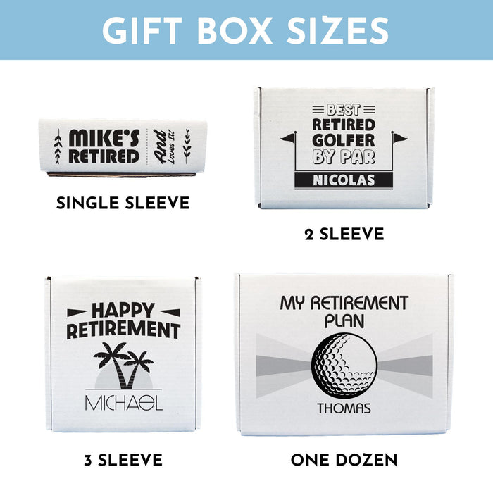 Size chart showing the four available gift box options: Single Sleeve, 2 Sleeve, 3 Sleeve, and One Dozen. Designed to fit standard golf ball packaging.