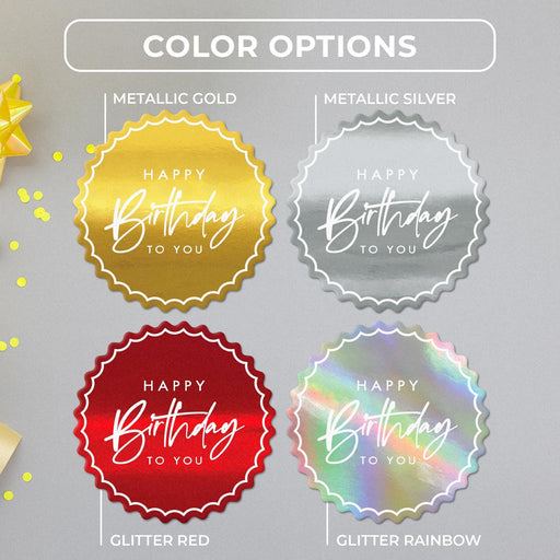 Elegant script birthday tag color options in metallic gold, metallic silver, glitter red, and glitter rainbow shown together.